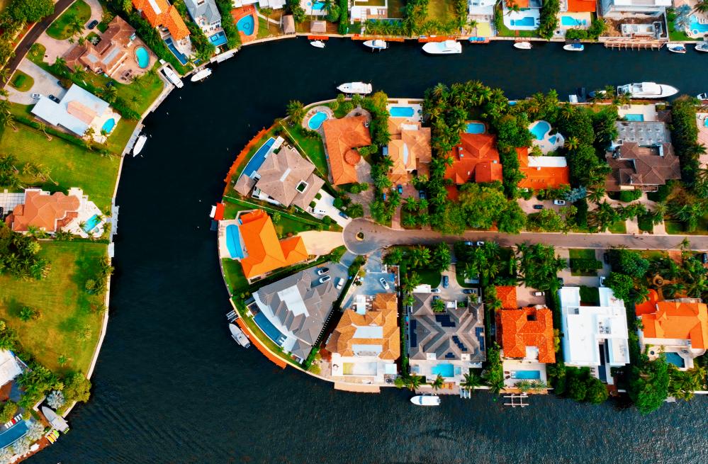 Aerial view of Florida Keys canal homes at sunset